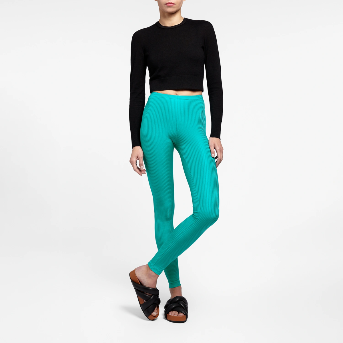 Legging satiné côtelé Emerald Green pour femme, vue de face