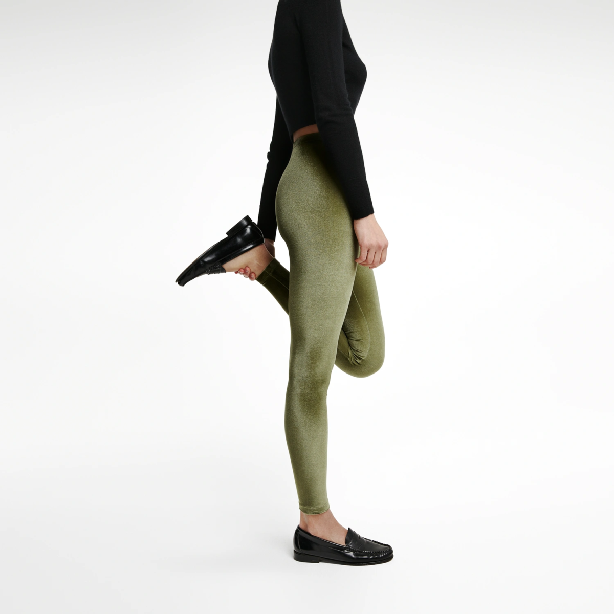 Legging velours Army Green coupe classique femme profil - leggings stretch mode premium casual élégant tendance