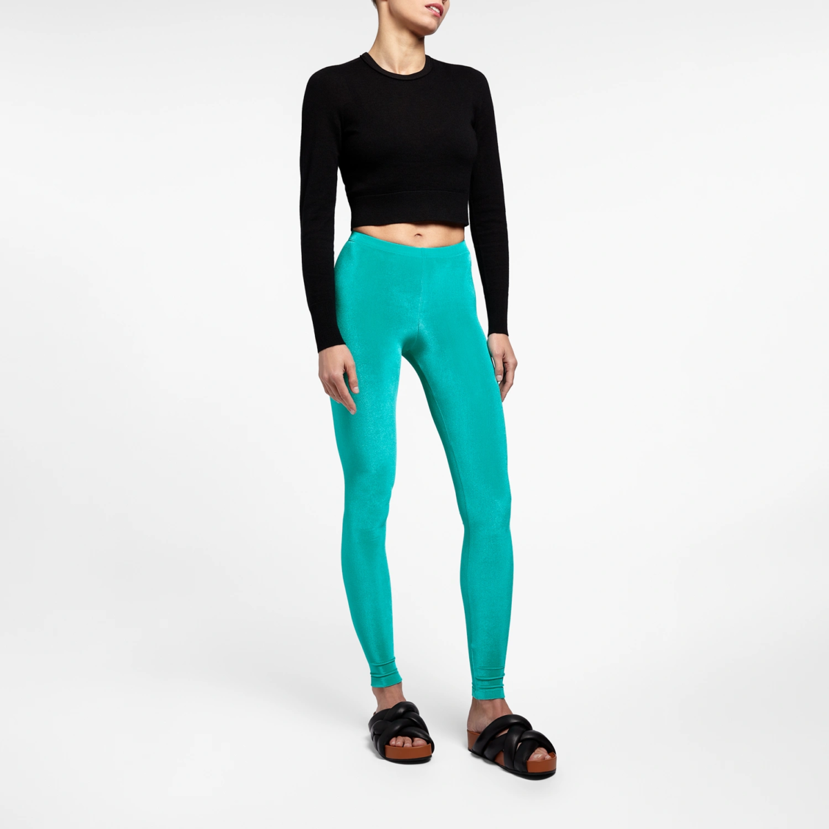 Legging velours bleu émeraude femme vue face coupe classique matière italienne