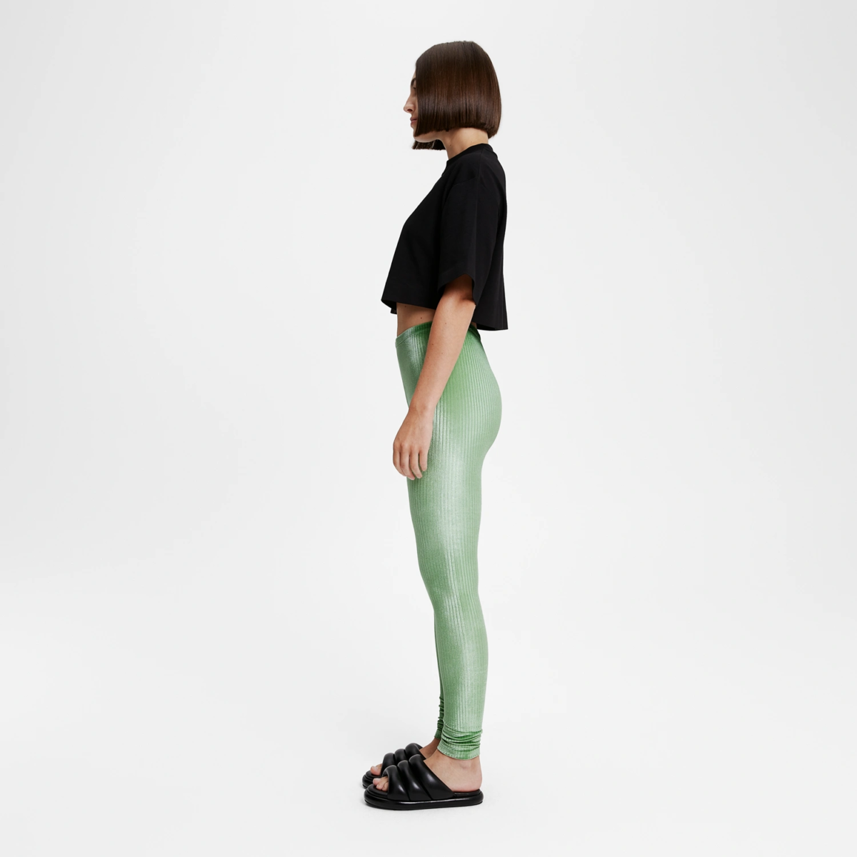 Legging velours côtelé vert amande femme, vue profil