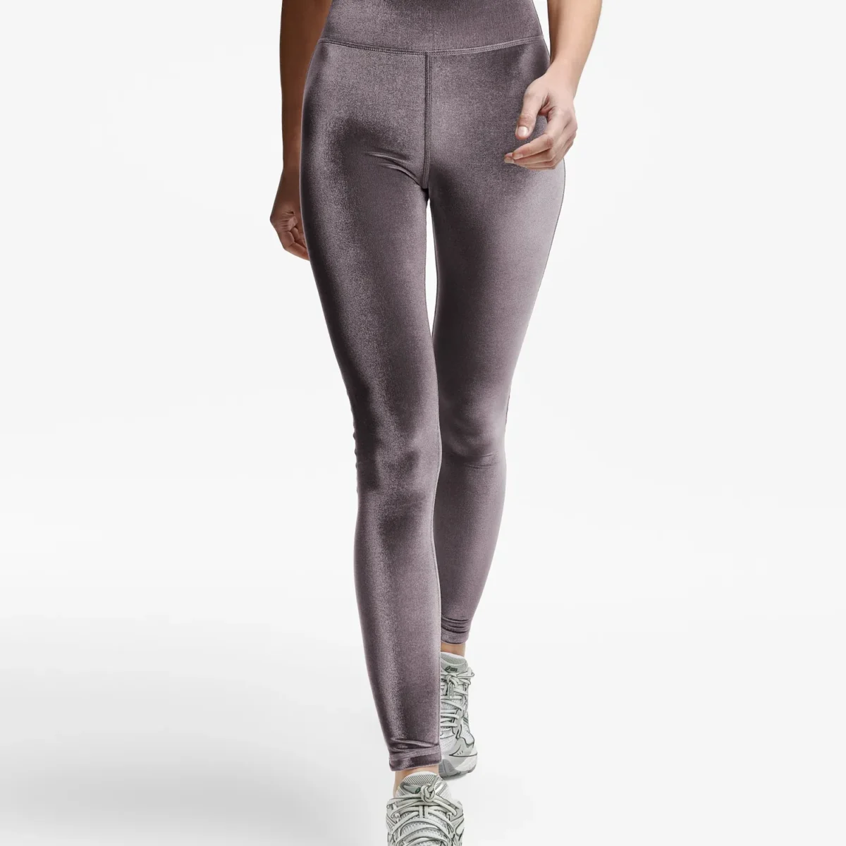 Legging pour femme en velours lisse Brun Cendré, coupe sportive, détail de face